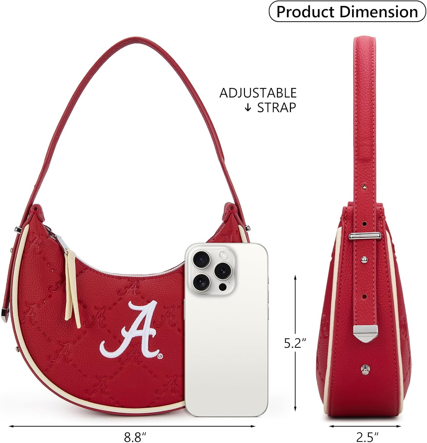 NCAA Crescent Shoulder Bag for Women - Stadium Approved Bags, Leather Underarm Purse with Zipper Closure for Game Day | NCAA Fans Bags