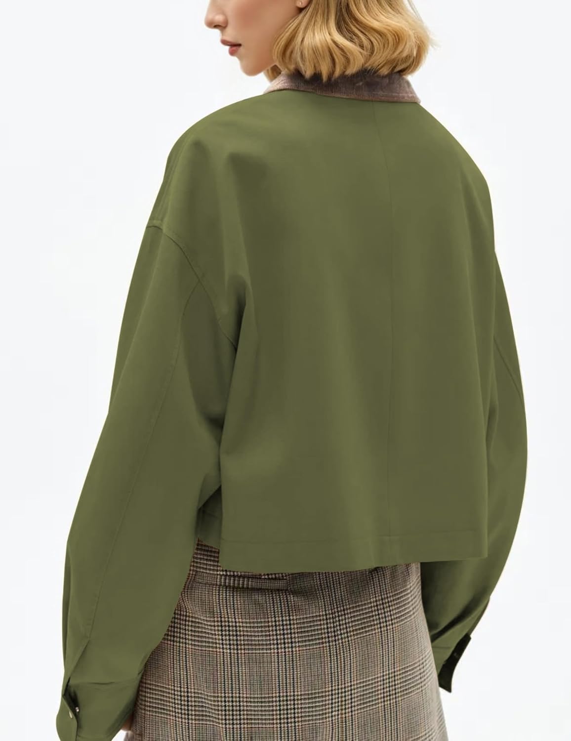 Agoeast Womens Cropped Barn Jacket Contrast Collar Long Sleeve Button Utility Coat Casual Outwear with Pockets - Image 3