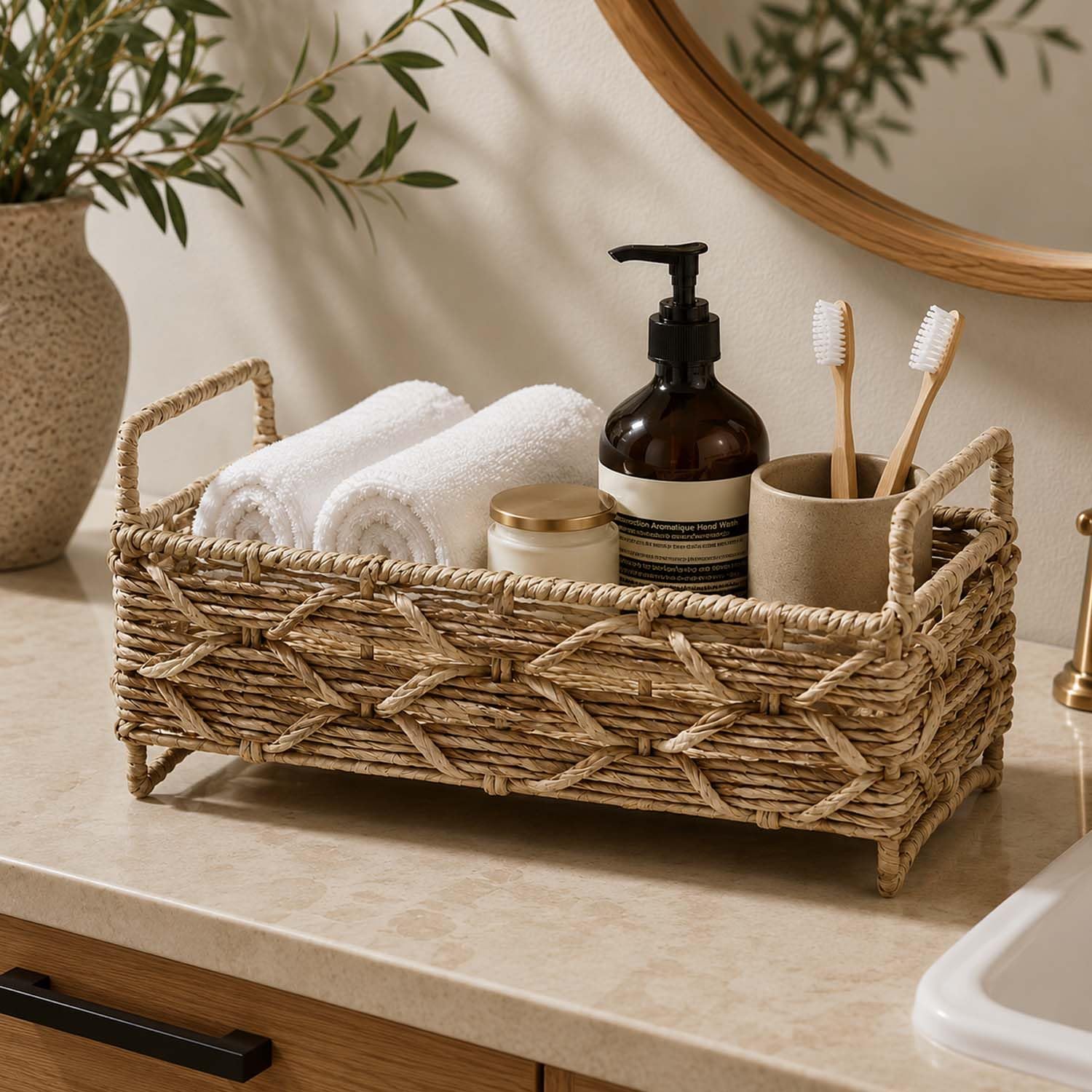 Go Hooked Handwoven Raffia Storage Basket with Handles & Raised Base (34 x 20.5 x 16 cm) | Decorative Vanity Organizer for Bathroom, Bedroom & Living Room | Multipurpose Countertop Storage Basket-image-20
