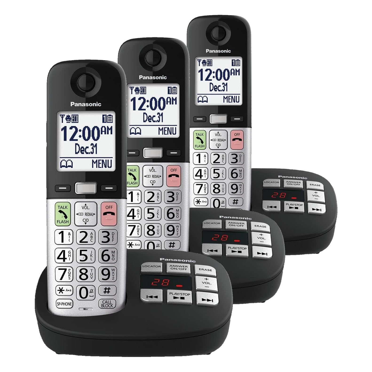 Panasonic Cordless Phone,Easy to Use with Large Display &amp; Big Buttons,Flashing Favorites Key,Flashlight,Call Block,Volume Boost,Talking Caller ID,House Phones,3 Handsets - KX-TGU433B,(Pack of 3)