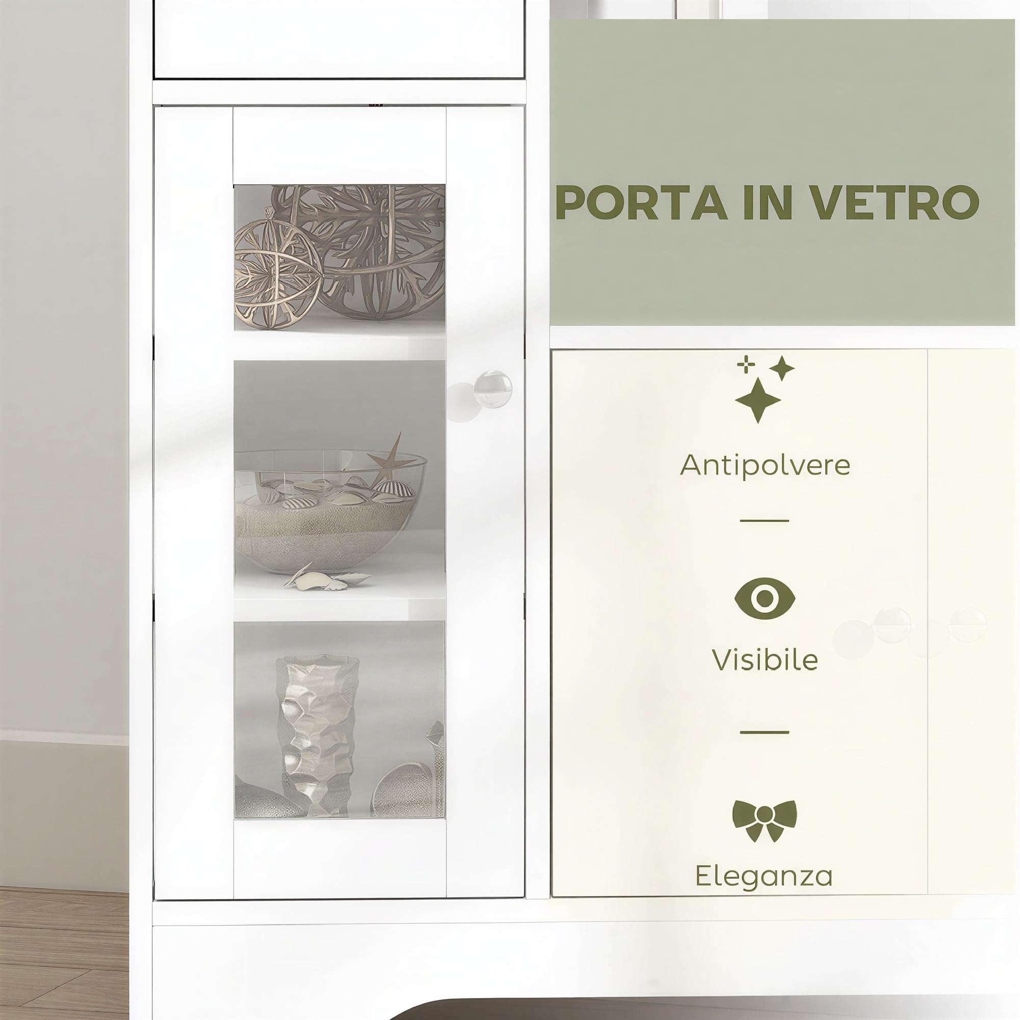 HOMCOM Credenza Cucina con Vano Aperto, Armadietti, Anta in Vetro e Cassetto, Mobile Cucina con Ripiani Regolabili, Buffet Credenza per Sala da Pranzo e Soggiorno, Design Moderno, 80x30x82 cm, Bianco