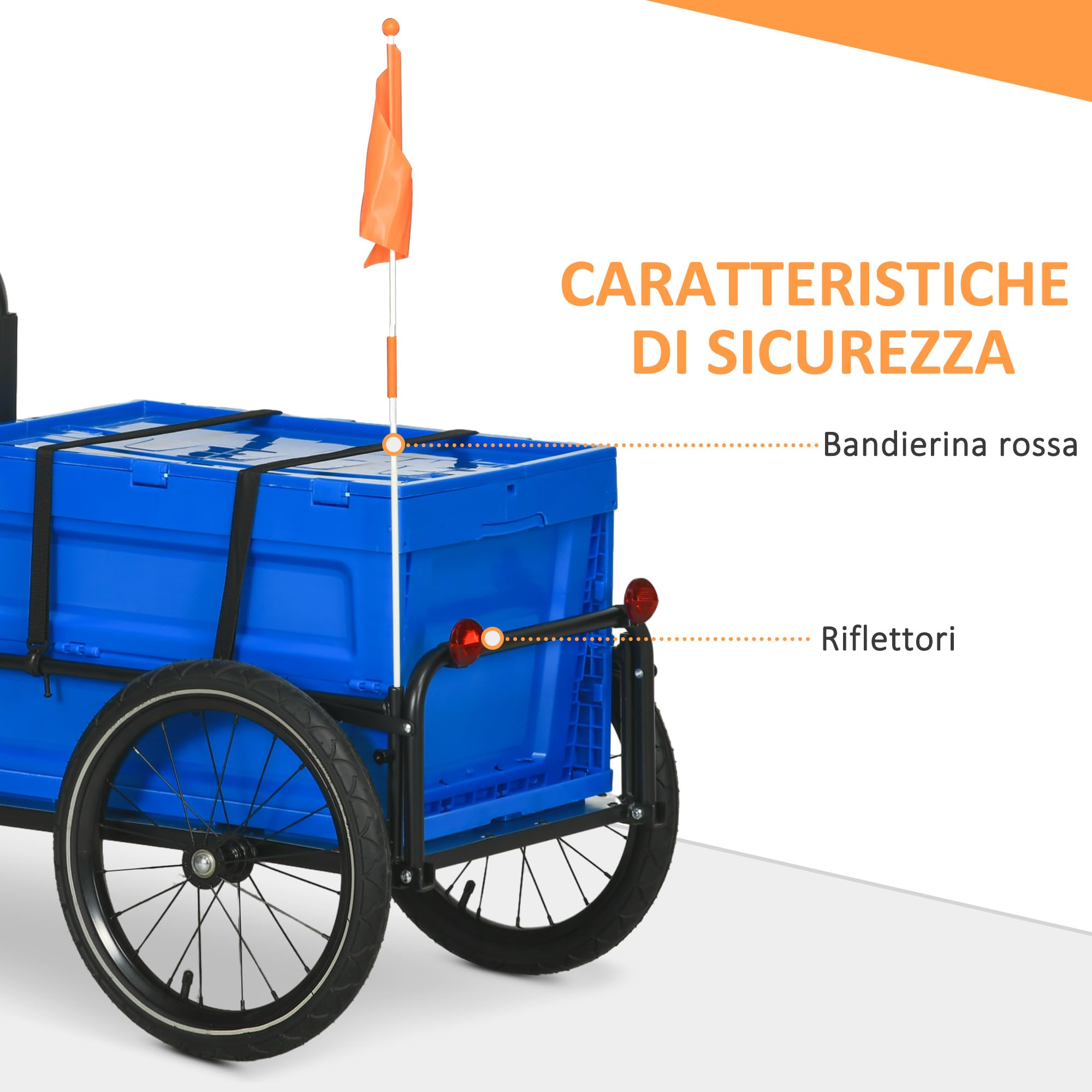 HOMCOM Rimorchio Bici ad Altezza Regolabile con Box Portaoggetti da 65L in Plastica, Bandiera, Catarifrangenti e Strisce Riflettenti, Rimorchio per Bici in Acciaio, 145x61x76/81 cm, Blu