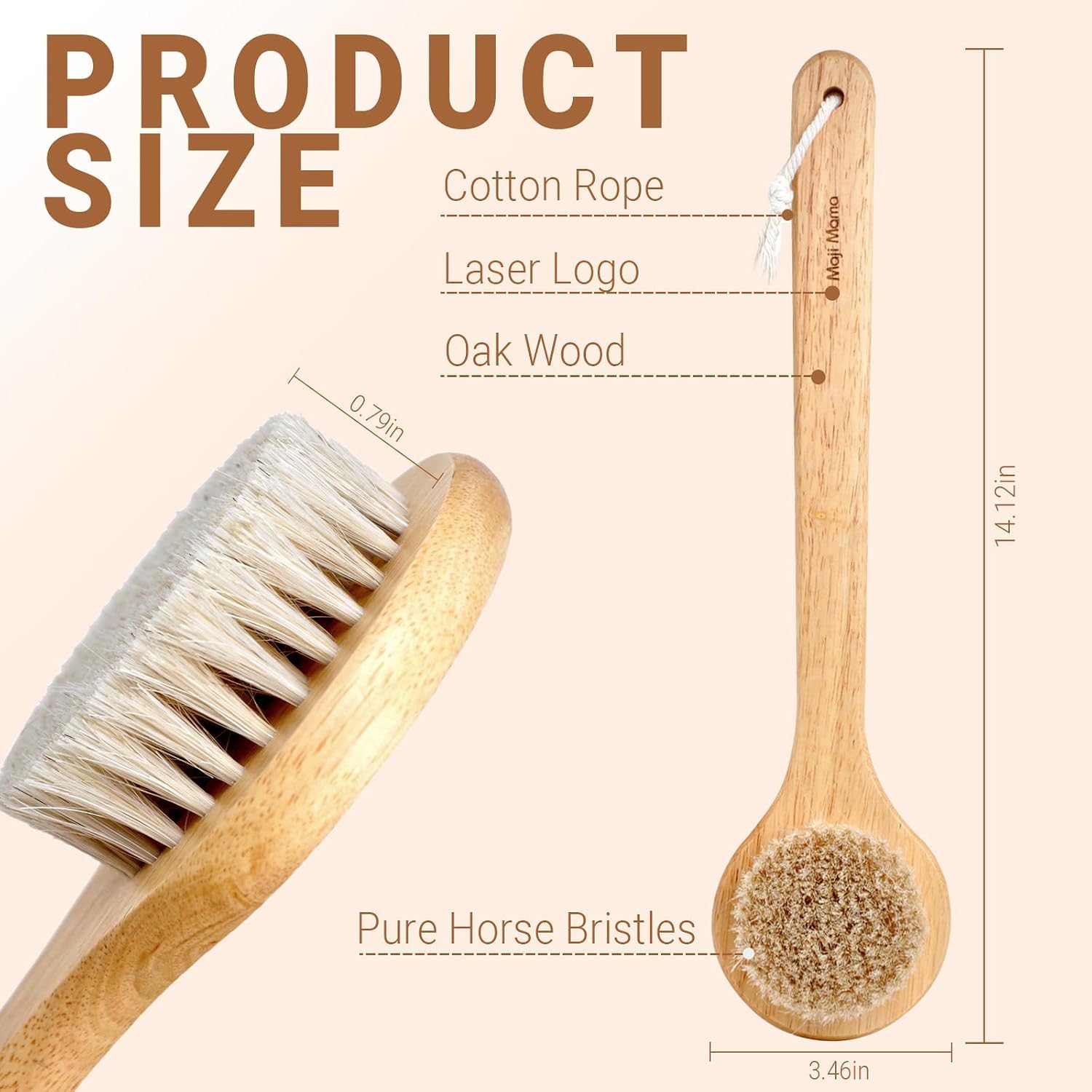 Oak Wood Body Brush with Pure Horse Bristles, 14.12 Inch Long Handle Dry Brush for Exfoliating, Natural Bath Shower Back Scrubber with Cotton Rope