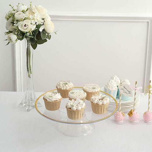 Miniatura 7 de Tableclothsfactory Paquete de 2 elevadores de plástico transparente de 12 pulgadas con borde dorado para cupcakes y postres, soporte desechable para