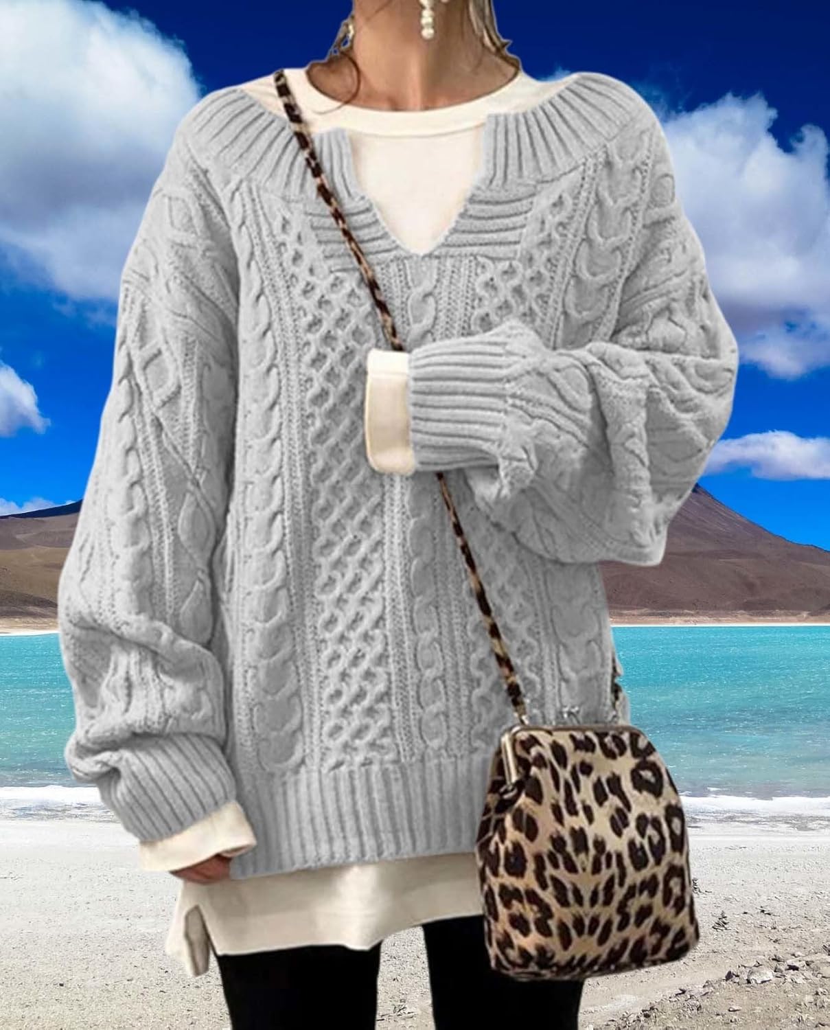 Womens Winter Chunky V Neck Long Sleeve Loose Knit Pullover Sweater Fashion Knit Casual Knit Sweater - Image 5