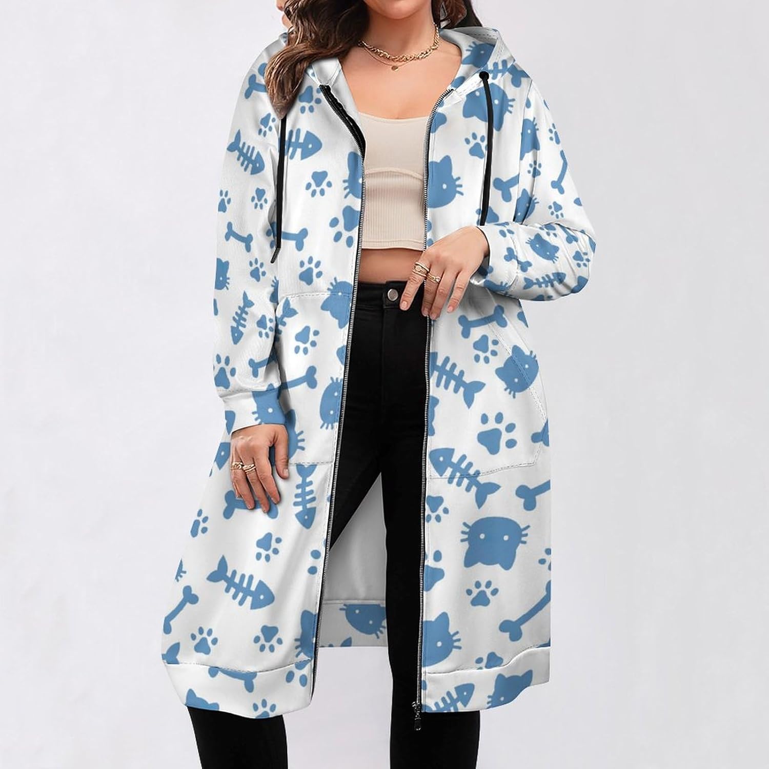 アニマル 動物足跡 猫柄 トップス パーカー レディース アウター ビック シルエット オーバー サイズ ロング ワンピース 長袖