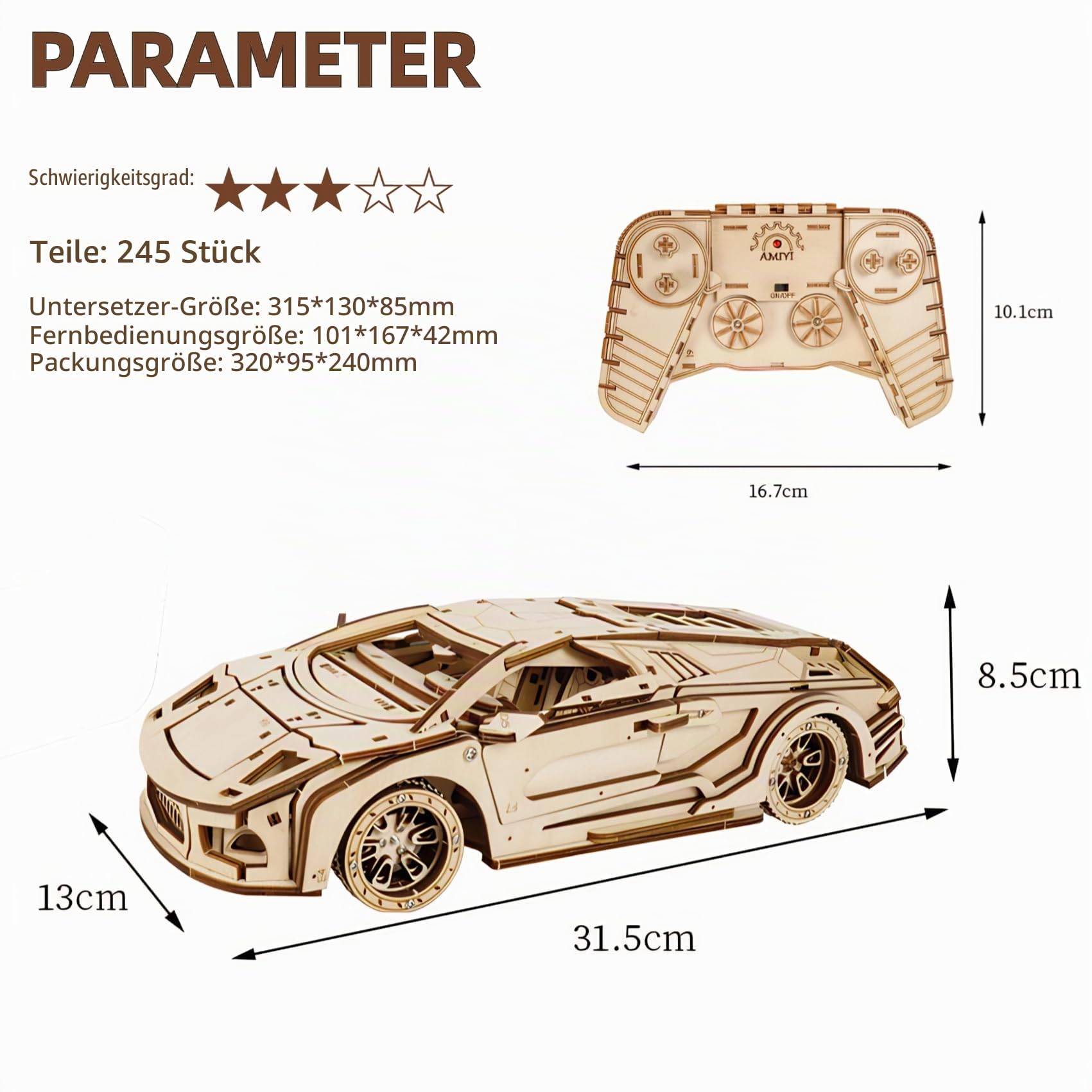 3D Holzpuzzle Erwachsene Auto Ferngesteuert, RC Sportwagen Modellbausatz aus Holz mit Motor Mechanisches DIY Fahrzeug Bastelset Holzbausatz Modellauto, Kreatives Geschenk & Modellbau Hobby