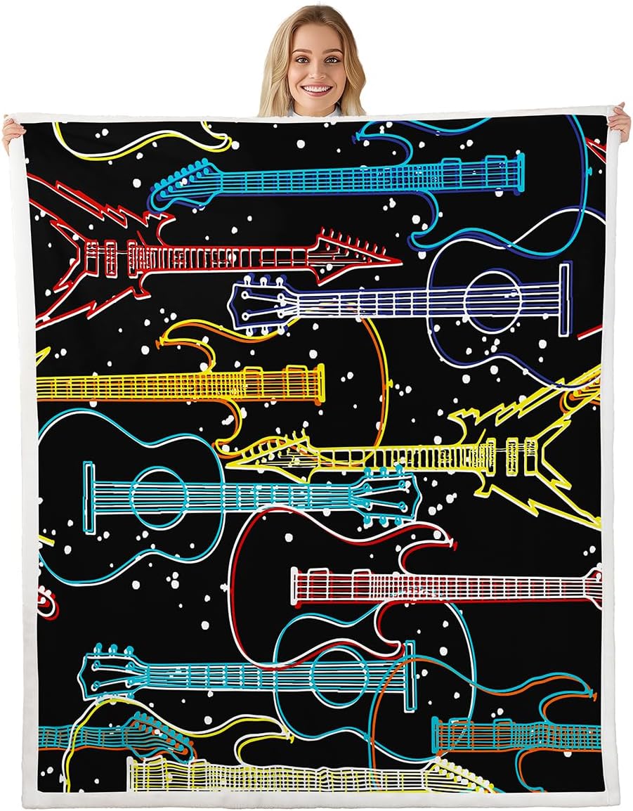 Guitar Warm Plush Blanket Rock Music Themed Fleece Throw Blanket Musical Galaxy Pattern Sherpa Blanket for Sofa Couch Kids Bedroom Decor Electric Guitar Instruments Fuzzy Blanket Throw 50"x60"