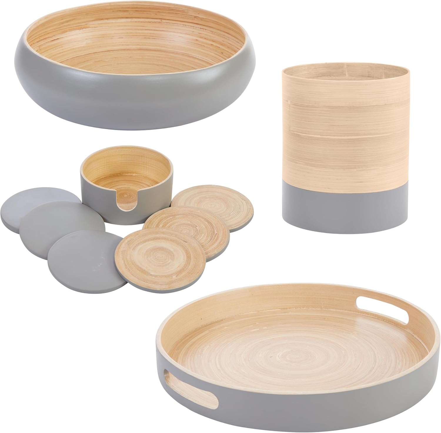 Matching Utensil Crock, Fruit Bowl, Serving Tray and Coasters Bundle in Gray