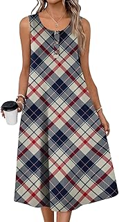 Dresses for Women Nye Plaid Summer Flowy Button Sleeveless Casual Maxi Crewneck Dress with Pockets Elegant Trendy Clothes