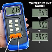 Vista 3 de Termómetro de Termopar Digital Tipo K para HVAC, Termómetro de Doble Temperatura con 4 Termopares, Medición de Temperatura MÁX/MÍN/PROM, -50~1300°C