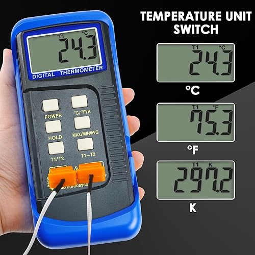 Miniatura 3 de Termómetro de Termopar Digital Tipo K para HVAC, Termómetro de Doble Temperatura con 4 Termopares, Medición de Temperatura MÁX/MÍN/PROM, -50~1300°C
