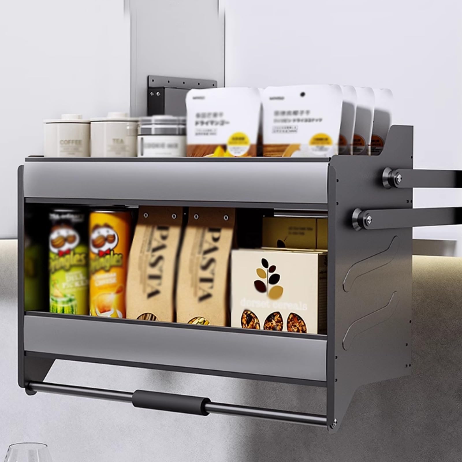 Cestello Portaoggetti da Cucina con Meccanismo di Sollevamento Organizer per Bottiglie di Spezie Grande Capacità di Carico Appendibile (56.3 cm) Ottimizza il Tuo Spazio!