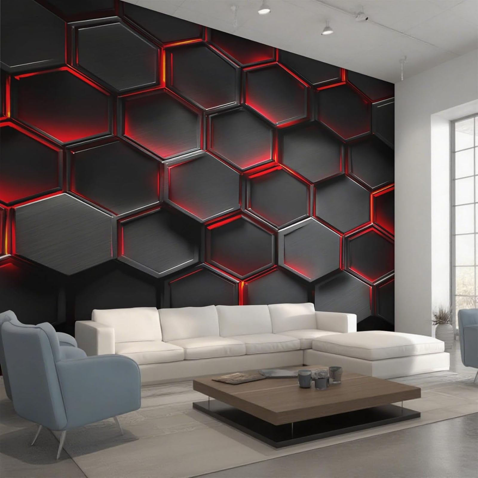 Papel pintado fotográfico hexagonal negro y rojo, papel pintado no tejido con diseño geométrico de panal, mural de pared para salón y dormitorio, 400 cm x 280 cm.