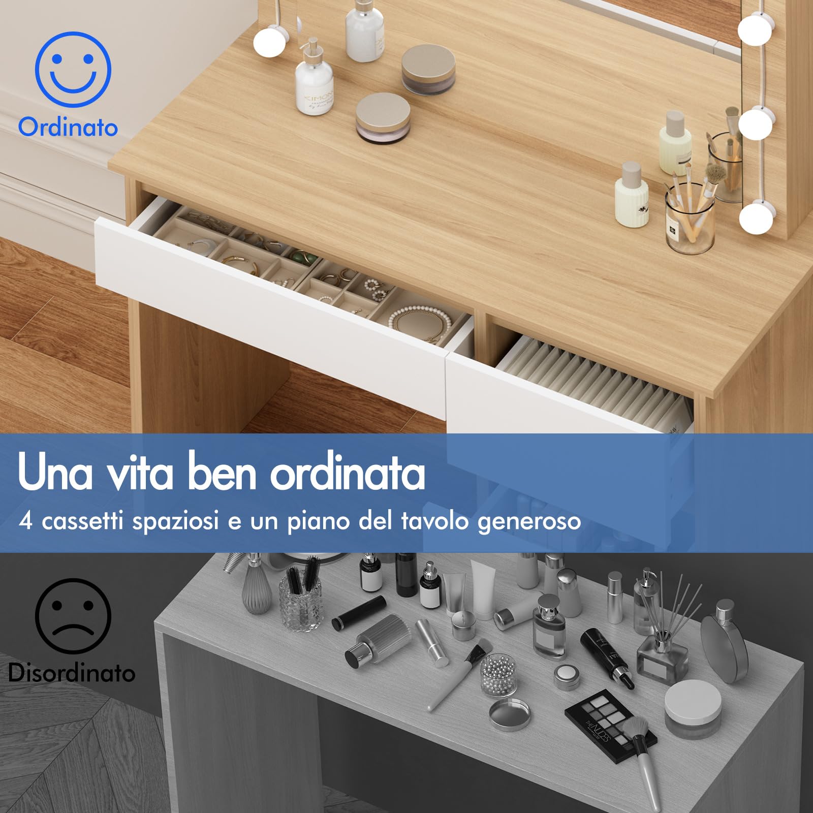 ALFORDSON Scrivania da trucco con specchio e luci, set da trucco da 90 cm con 4 cassetti e sgabello portaoggetti, luci LED regolabili, tavolo da toeletta per camera da letto di donne e ragazze, Legno