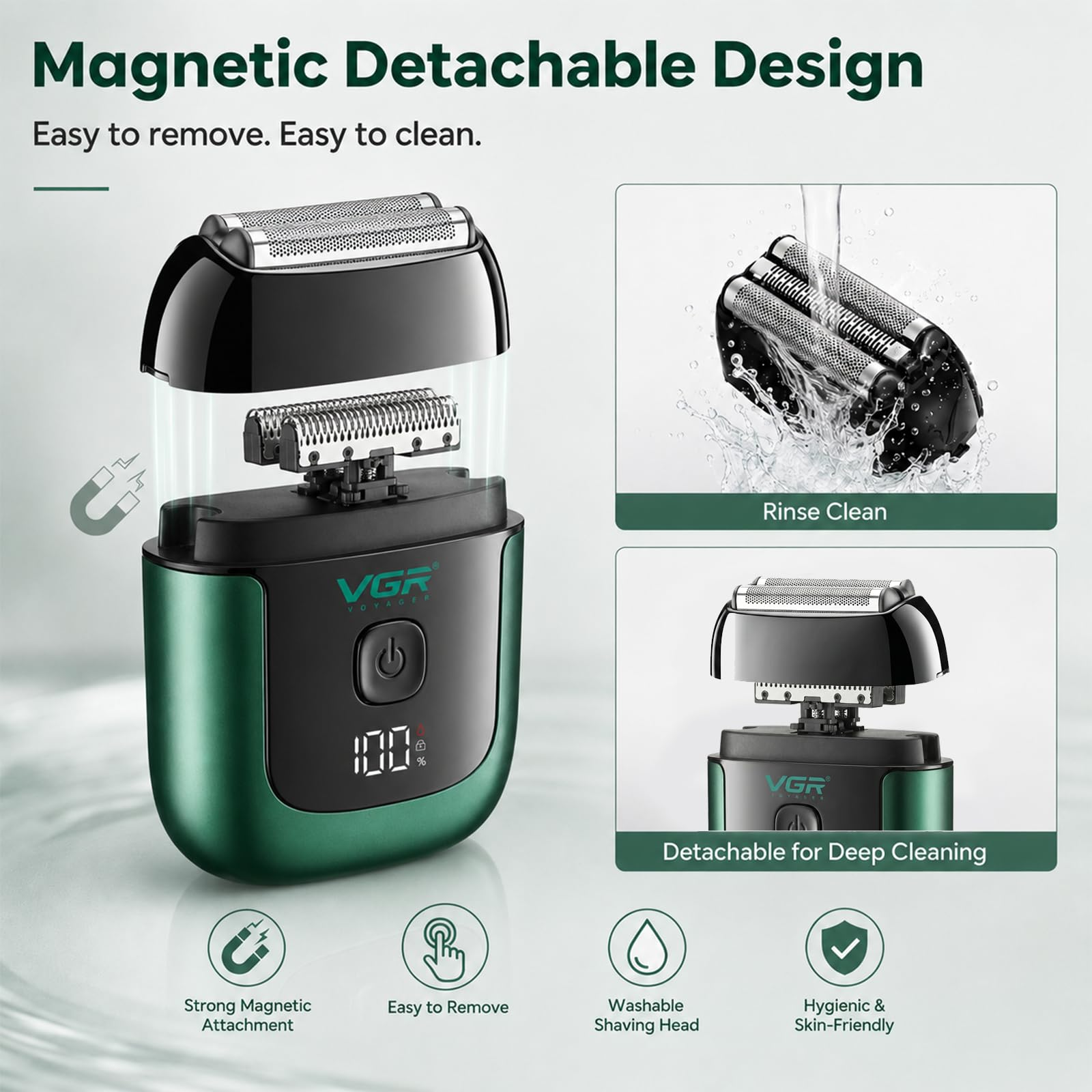 VGR 380 Rasoio elettrico portatile Mini con lamine flessibili, impermeabile IPX6, ricaricabile tramite USB, con display a LED e blocco di sicurezza per il viaggio,verde