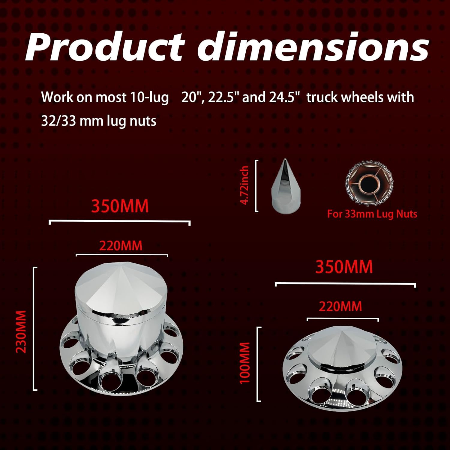 Semi Truck Complete Axle Cover Set Lug Nut Covers Wheel Covers Kit with 2 Front & 4 Rear, and 33mm Thread-on 10 Hole Removable Caps，ABS Chrome Plastic(Installation Tool Included).