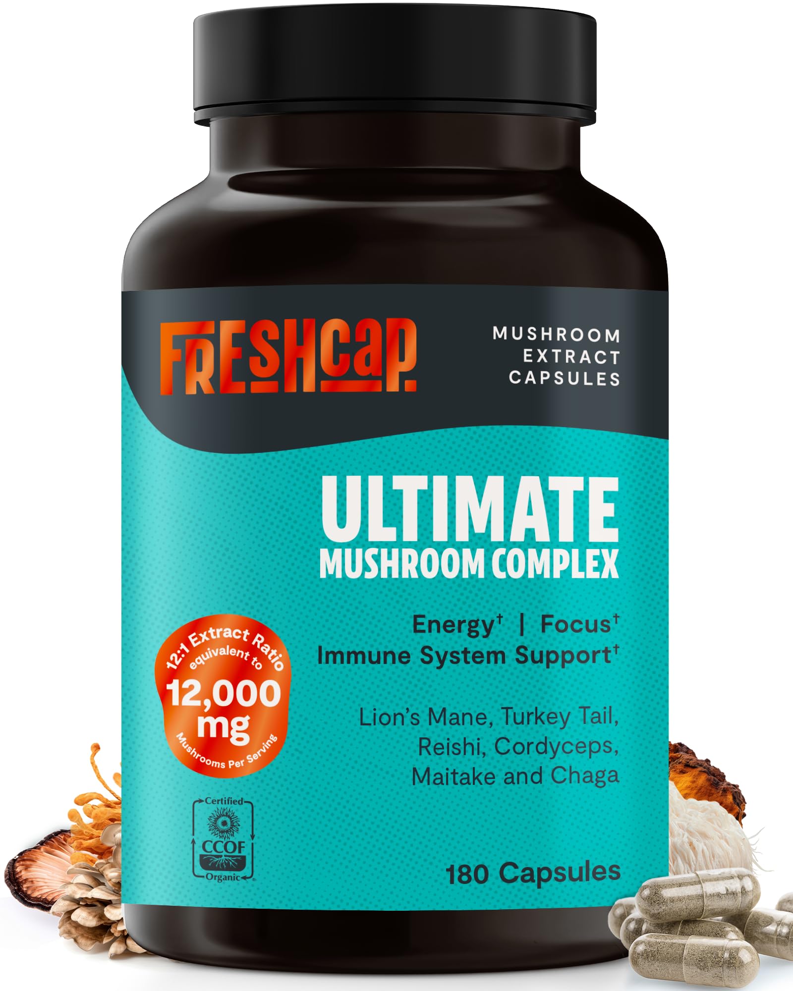 - FreshCap Ultimate Mushroom Supplement 12,000mg - Nootropic Complex Capsules, Organic Mushrooms Immune Support, Brain Supplements for Memory and Focus, Ayurveda Nootropic (180 Capsules)