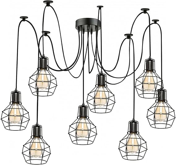 LEDSone LEDSone Vintage 8 hanglampenkap, Spider Lamp, plafondlamp, in hoogte verstelbaar, metalen zwarte diamanten kooilampenkap, retro, industrieel plafond (Zwart - 5-polig stijl 5)