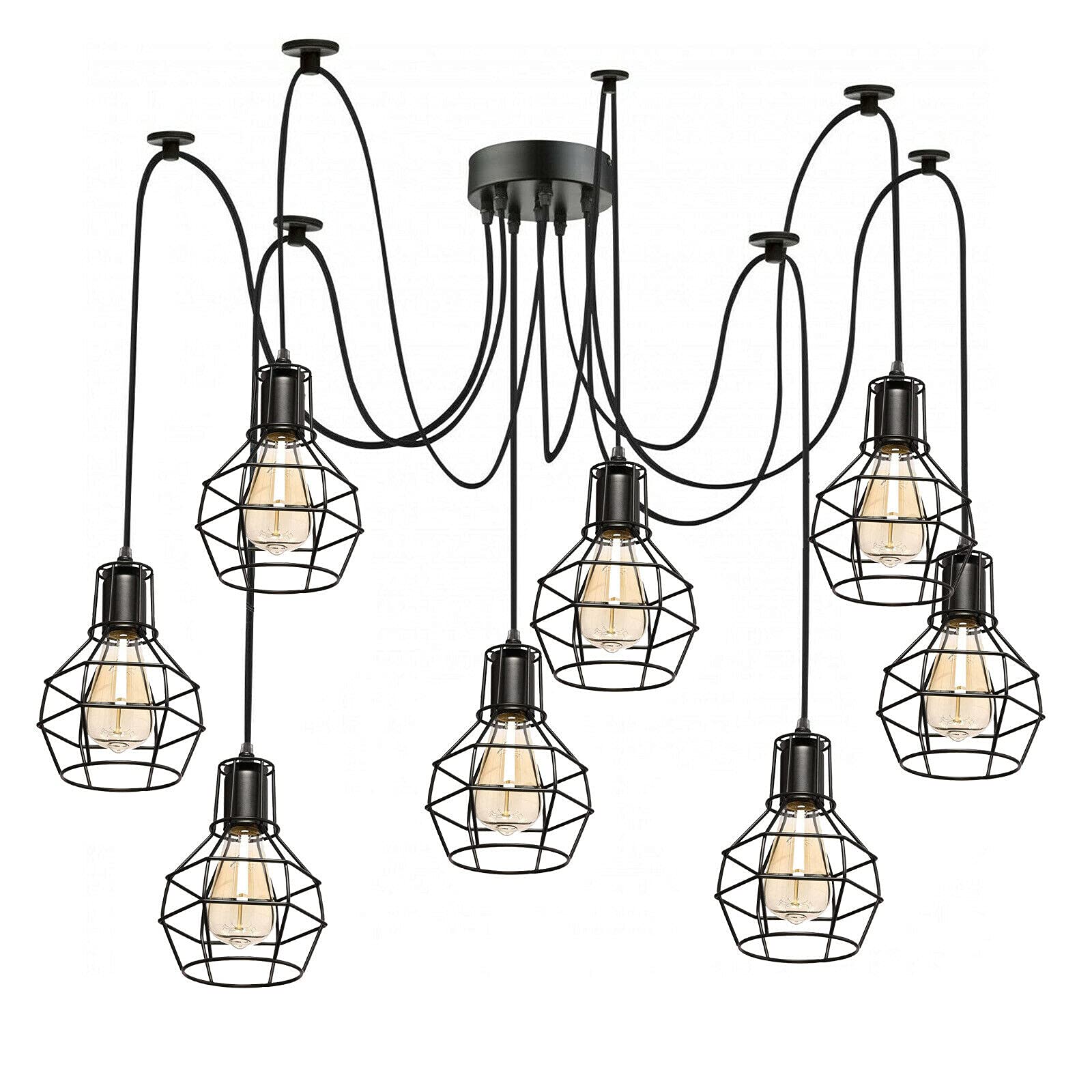 LEDSone 8 Heads Black Nest Cage Shade Ceiling Spider Lamp E27 Pendant Light Fixture Adjustable DIY Lighting Spider Ceiling Light Hanging Lamp for Dining Room,Kitchen Bedroom,Farmhouse