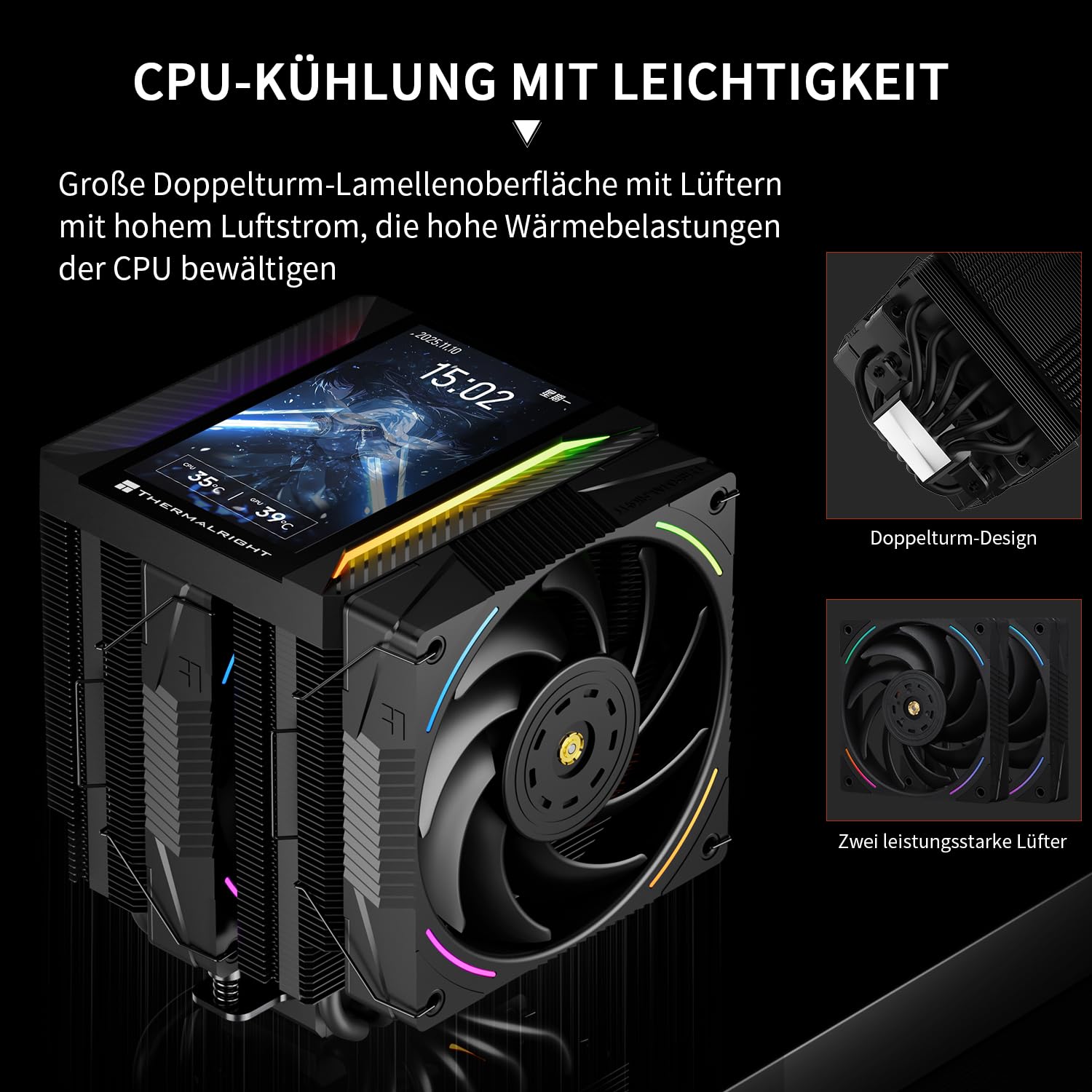 TR Peerless Assassin 120 VISION MAX ARGB Black CPU-Luftkühler, PC-Kühler mit 2x TL-K12 PWM-Lüftern, 5 Zoll magnetischem Display (480x854 Auflösung), für LGA1851/1700 & AM5