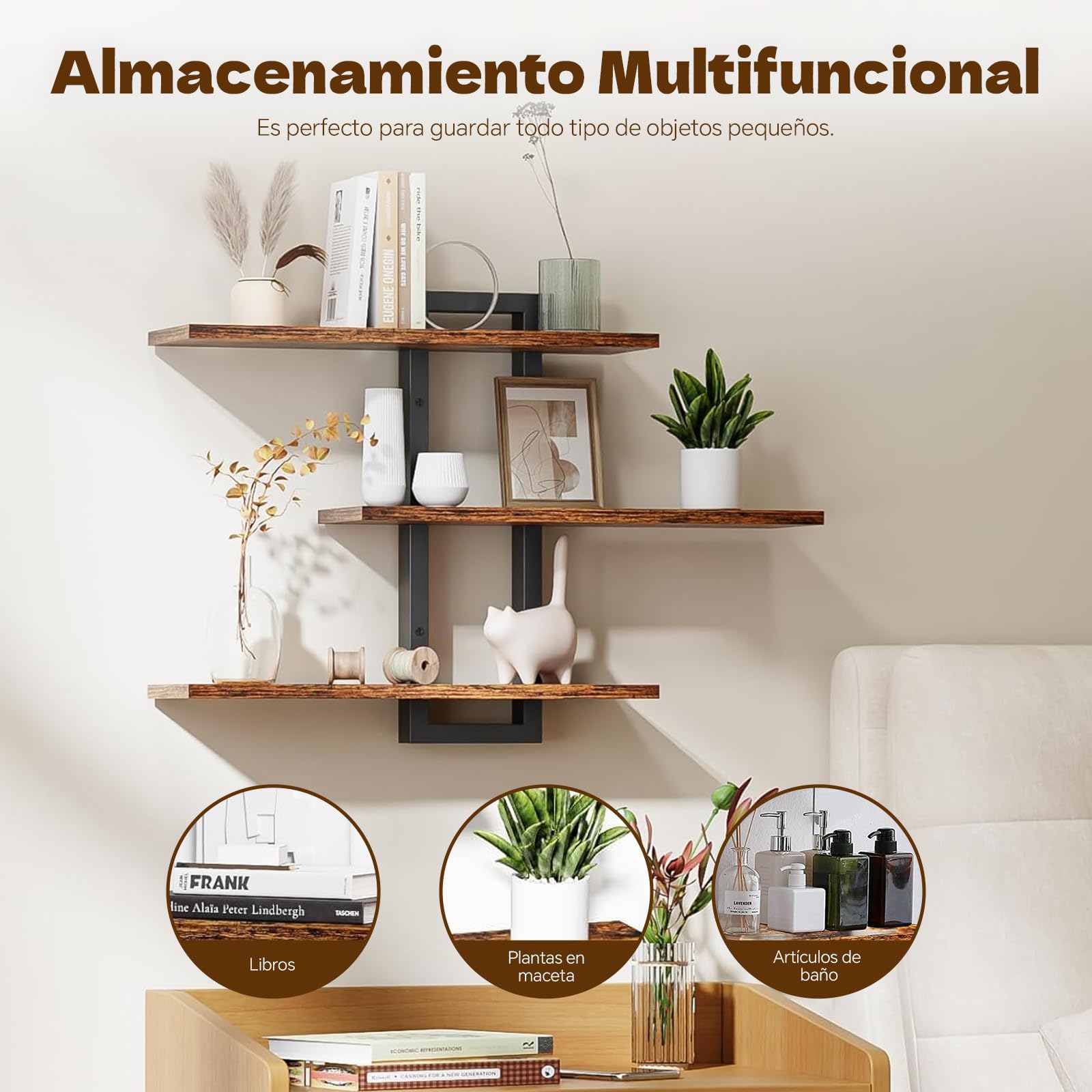 Estantería de Pared de 3 Niveles, Estante Flotante, Repisas de Pared, Estante Colgante Ajustable Decorativo para Sala de Estar, Baño, Dormitorio, Cocina (Marrón)