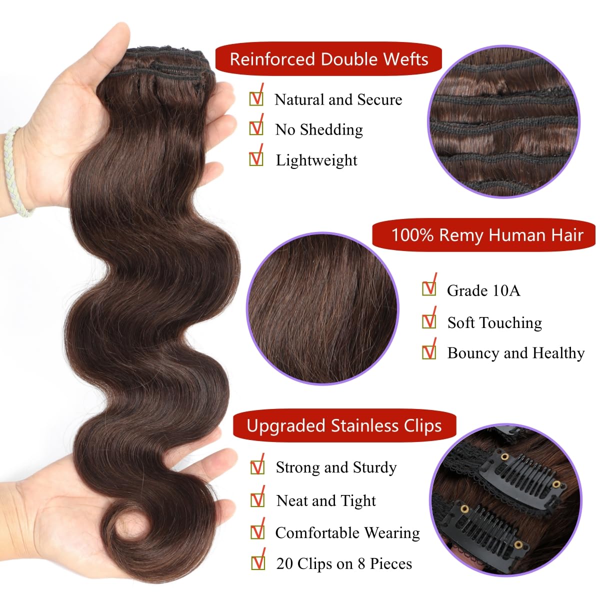 LUMIERE Clip In Hair Extensions Real Human Hair Dark Brown Clip In Hair Extensions Black Women 120g With 8pcs Seamless Real Human Hair Clip Ins 20 Clips Soft And Blend Well Dark Brown Color#2 16 Inch