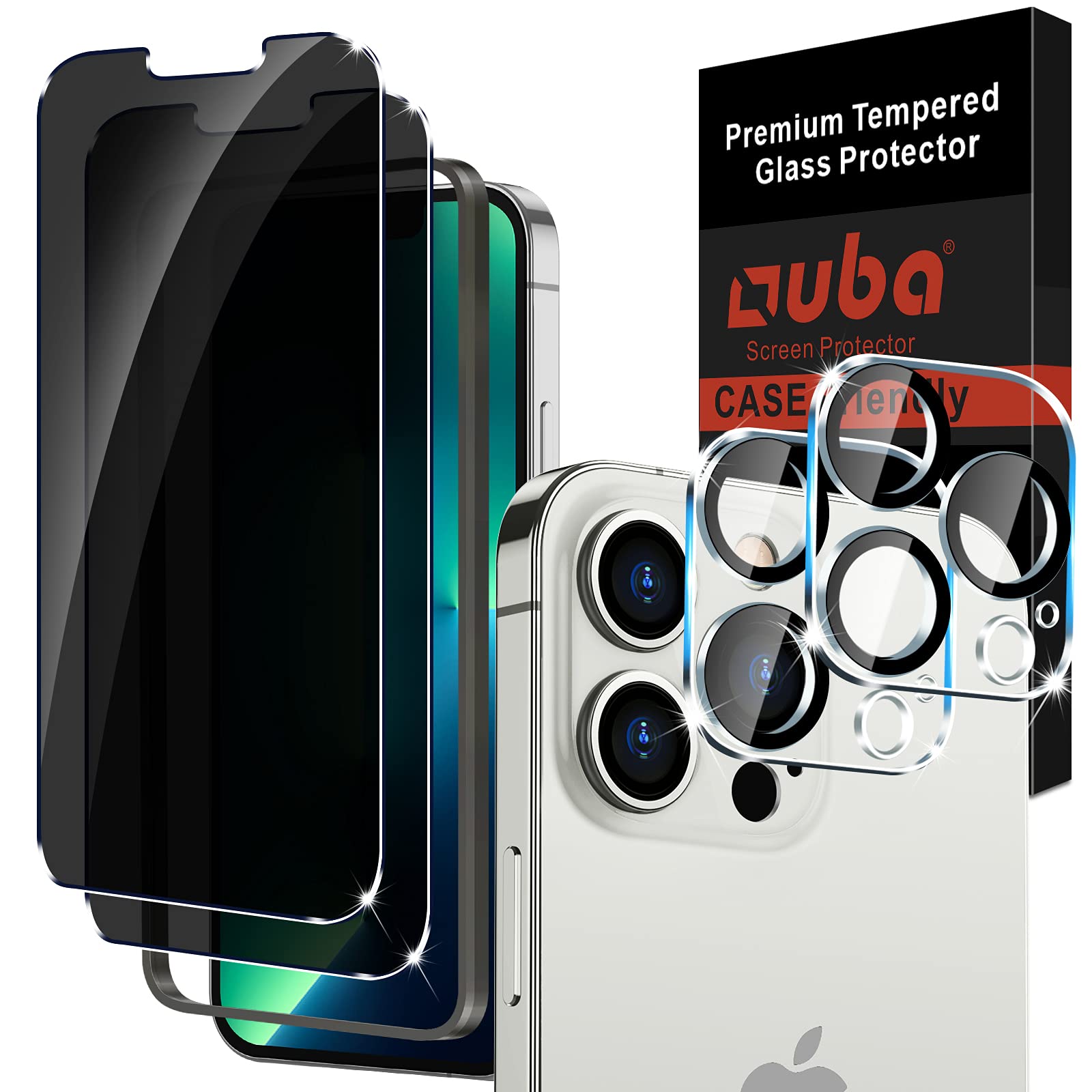 Photo 1 of 2 PACKS OF OUBA [2+2 Pack] Tempered Glass Compatible with iPhone 13 Pro Max 6.7" - 2 Pack Privacy Screen Protector + 2 Pack Camera Lens Protector, Anti Spy [Easy Installation Frame] [Precise Cutout] Bubble Free
