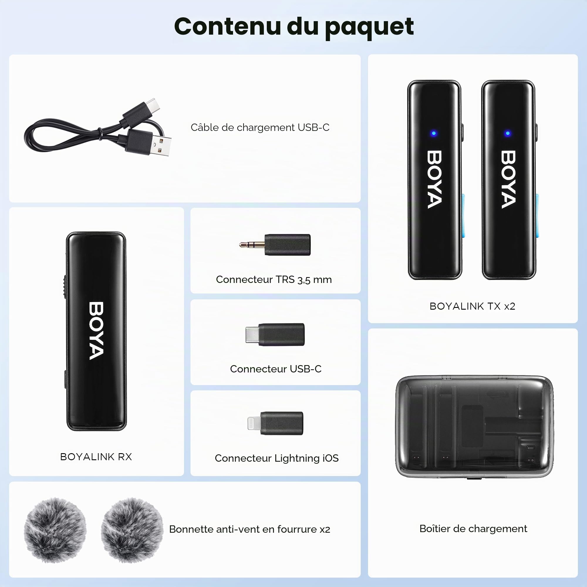 BOYA BOYALINK Mini Micro Cravate sans Fil, USB-C Lightning Microphone iphone/Android/Smartphone/Portable/PC/Caméra, 300M Transmission pour Podcast Live Stream Tiktok Facebook vidéo vlog