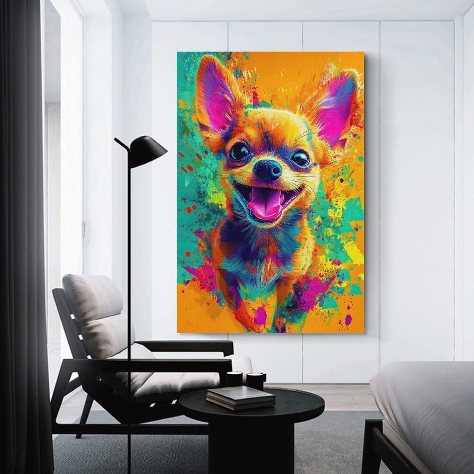 Junmoney Colorful Chihuahua Portrait Canvas Wall Decor 24x36inch(60x90cm), for Home Lounge, Bedroom Or Reading Nook, A Home Accent with Warm Character
