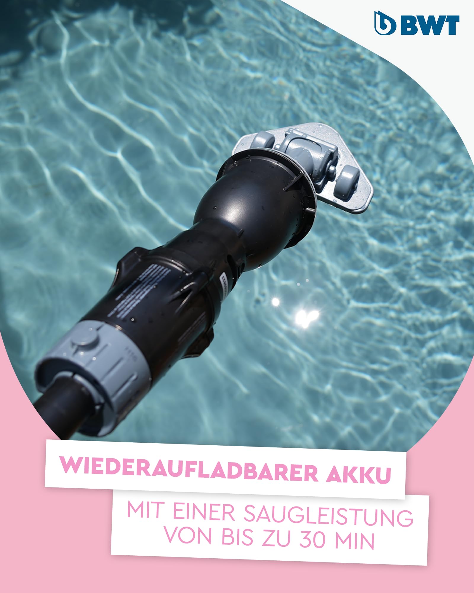 BWT Poolsauger Akku (FSA200, mit Standard-Poolstange) | Effiziente Reinigung von Pools | Kabelloser Betrieb | Poolroboter | Pool Zubehör | Poolreiniger mit Flachbürstenaufsatz | Pool Bodensauger