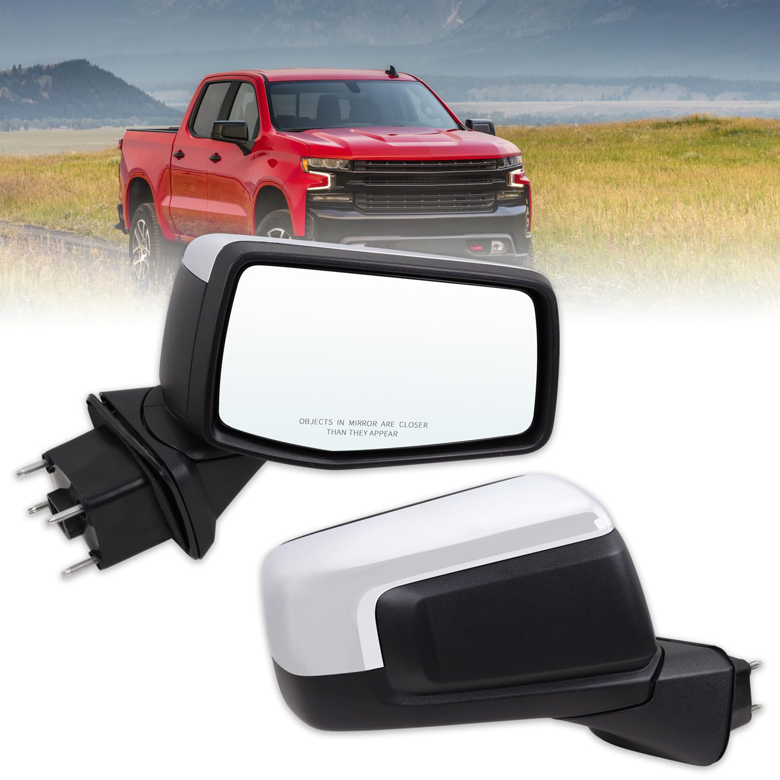 right passenger side mirror compatible with 2019-2025 chevy silverado 1500 with power glass manual folding heated temperature sensors without turn signal chrome replace#gm1321583(7pins?