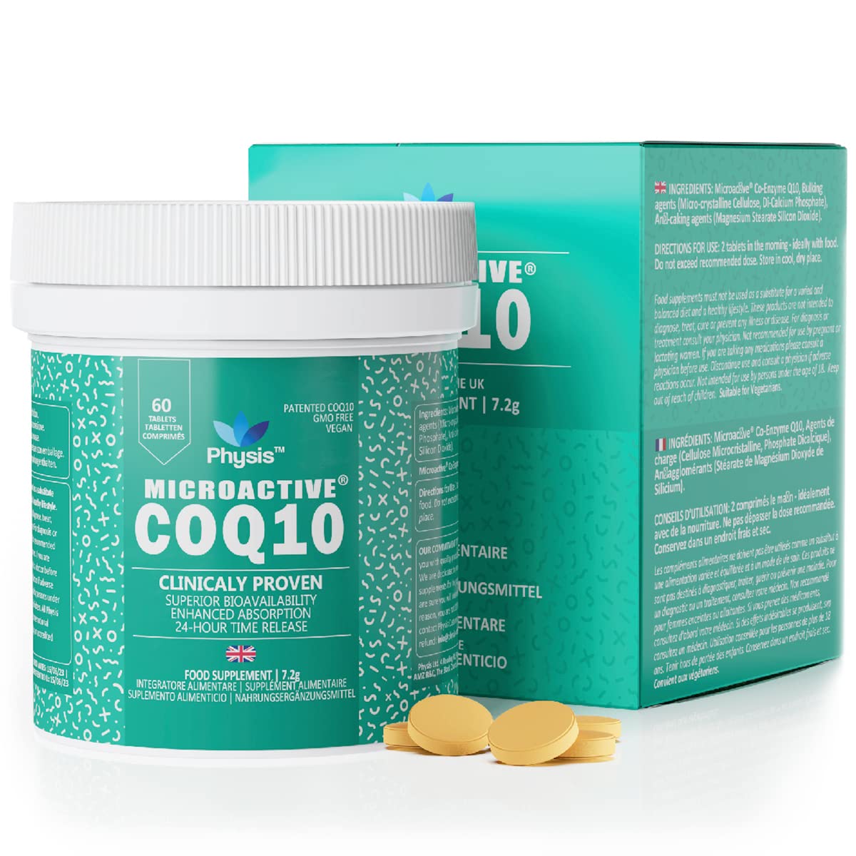 Physis CoQ10 | 120mg per Serving | High Strength Co Enzyme Q10 | Clinically Tested Superior Bioavailability & Absorption | Ubiquinol 24-Hour Time Release | 60 Tablets – 1 Month | Made in The UK