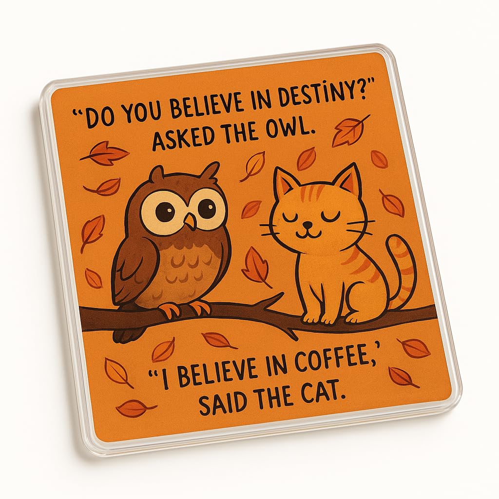 The Plum Penguin Whimsy Branch Tales Whimsical Acrylic Coaster Gift - Playful Owl And Cat Illustration With Autumn Leaves - Unique Desk Accessory Present
