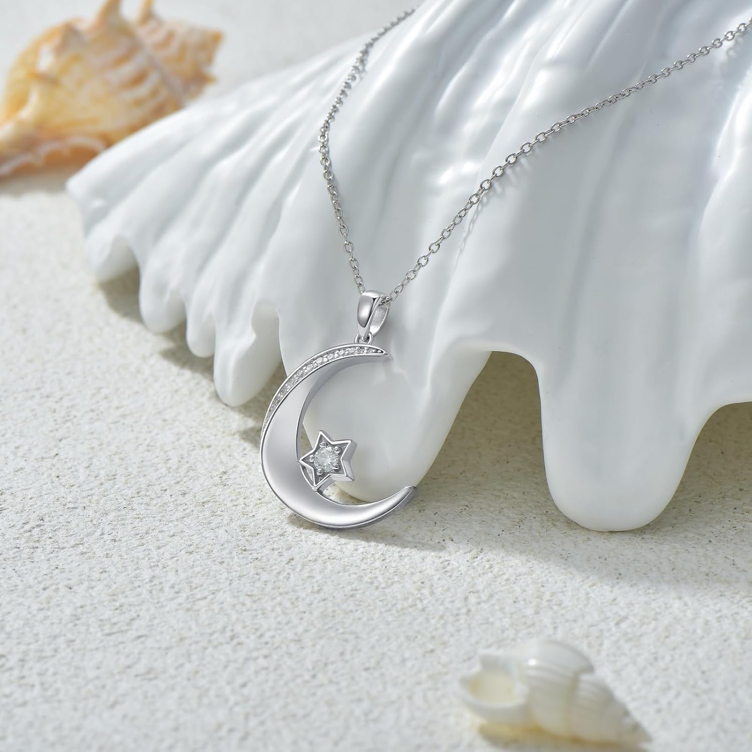 Moon and Star Necklace, 925 Sterling Silver Moissanite Crescent Star Pendant, Gifts for Women Mom Wife, Adjustable Chain 18+2 - Image 3