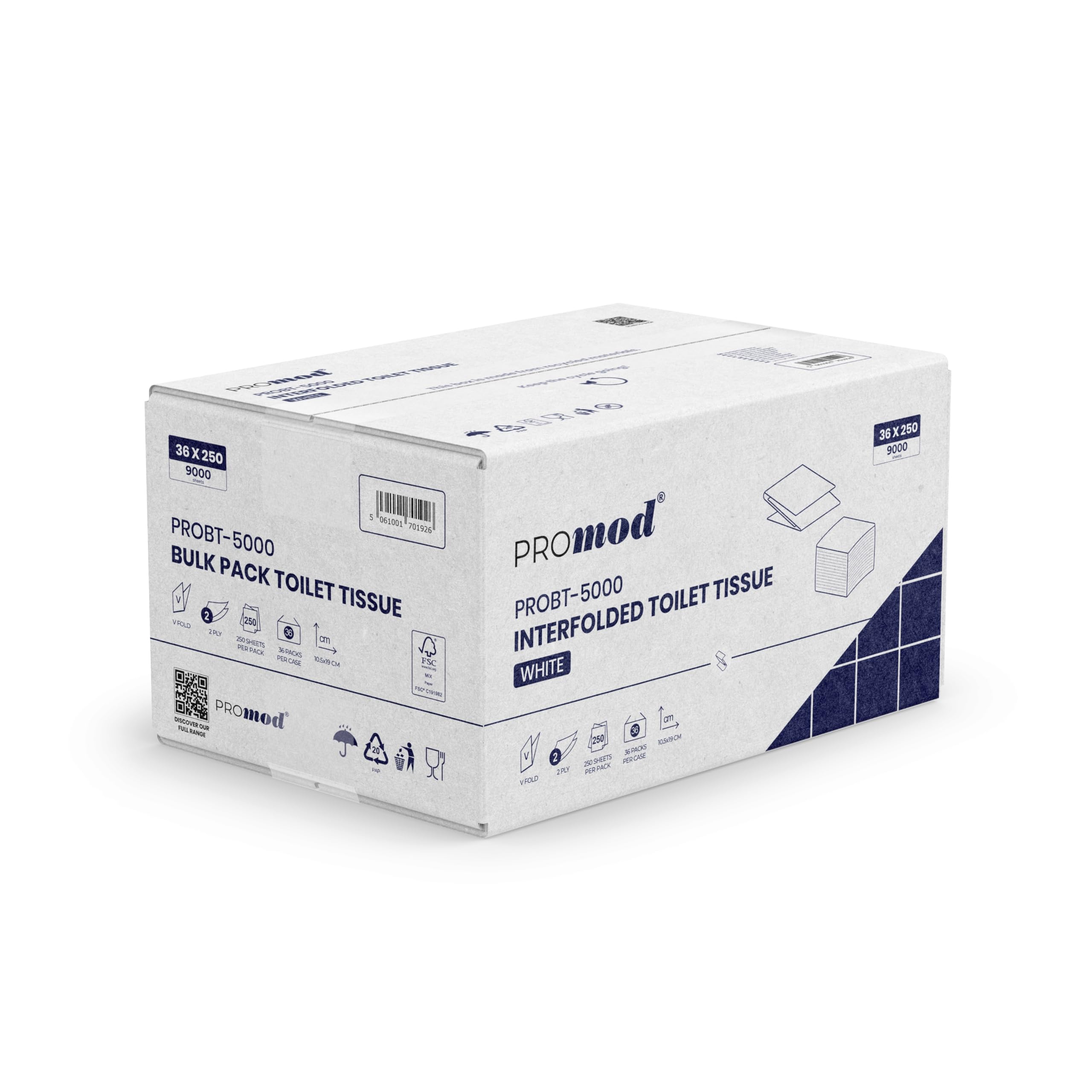 PROmod Papel higiénico de alta calidad, papel higiénico entrelazado de 2 capas, 9.000 hojas (36 paquetes x 250), 10,5 cm x 19 cm, papel higiénico plegable en V para dispensadores comerciales
