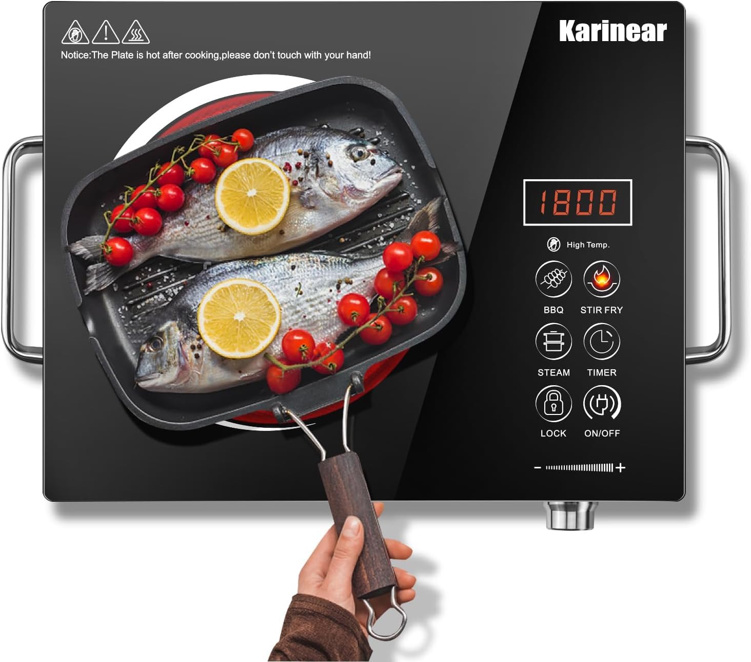 Karinear Portable 1 Fire Hob with Handles, Touch Control and with Rotary Control, Timer, Child Safety, Portable Ceramic Hob with Plug, 220 V-240 V, 2000 W