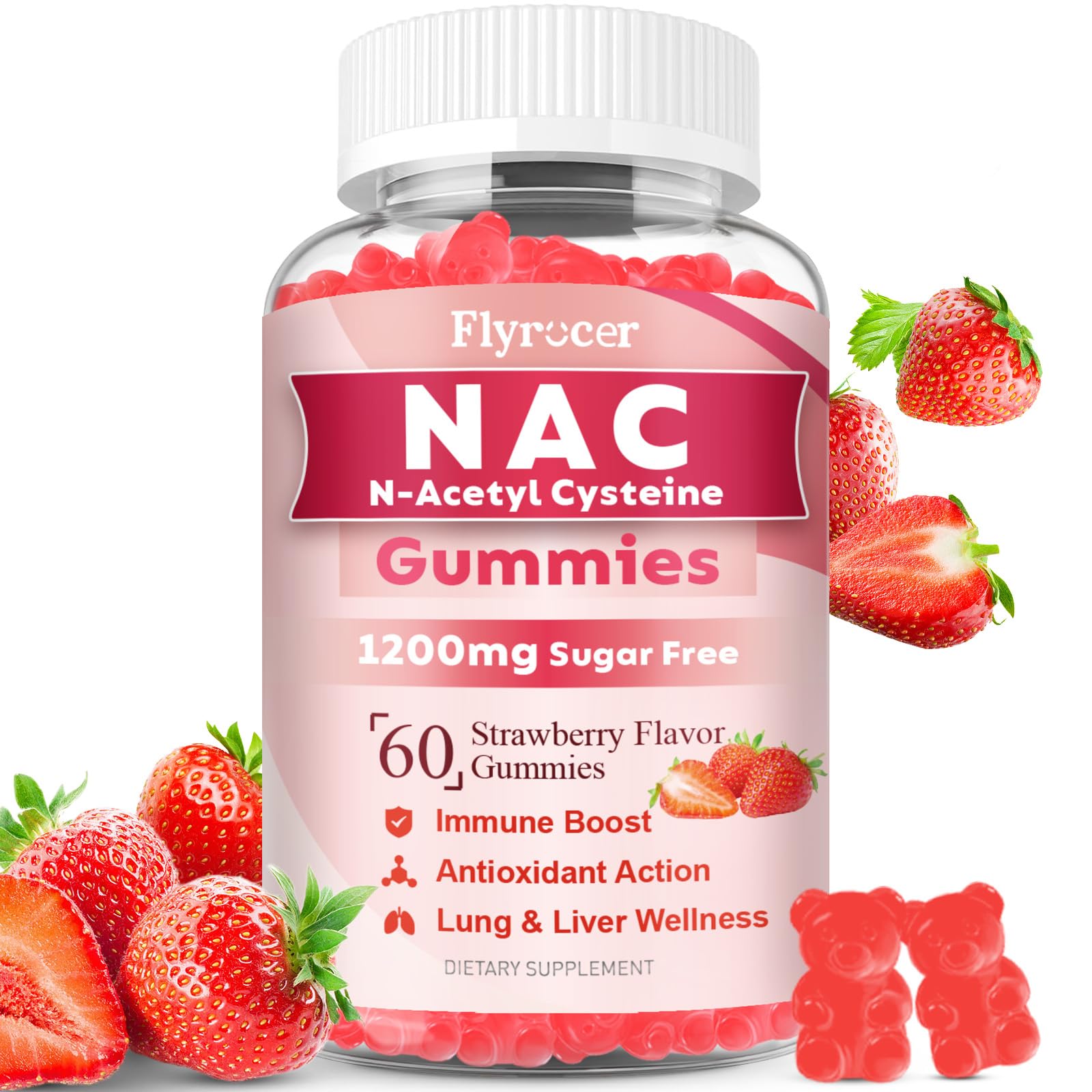 NAC Gummies, N Acetyl Cysteine Supplement for Adults and Kids, NAC Chewable Support Liver Health, Antioxidants & Immune System, Sugar-Free, Strawberry Flavor, 60 Count Strawberry 60 Count (Pack of 1)