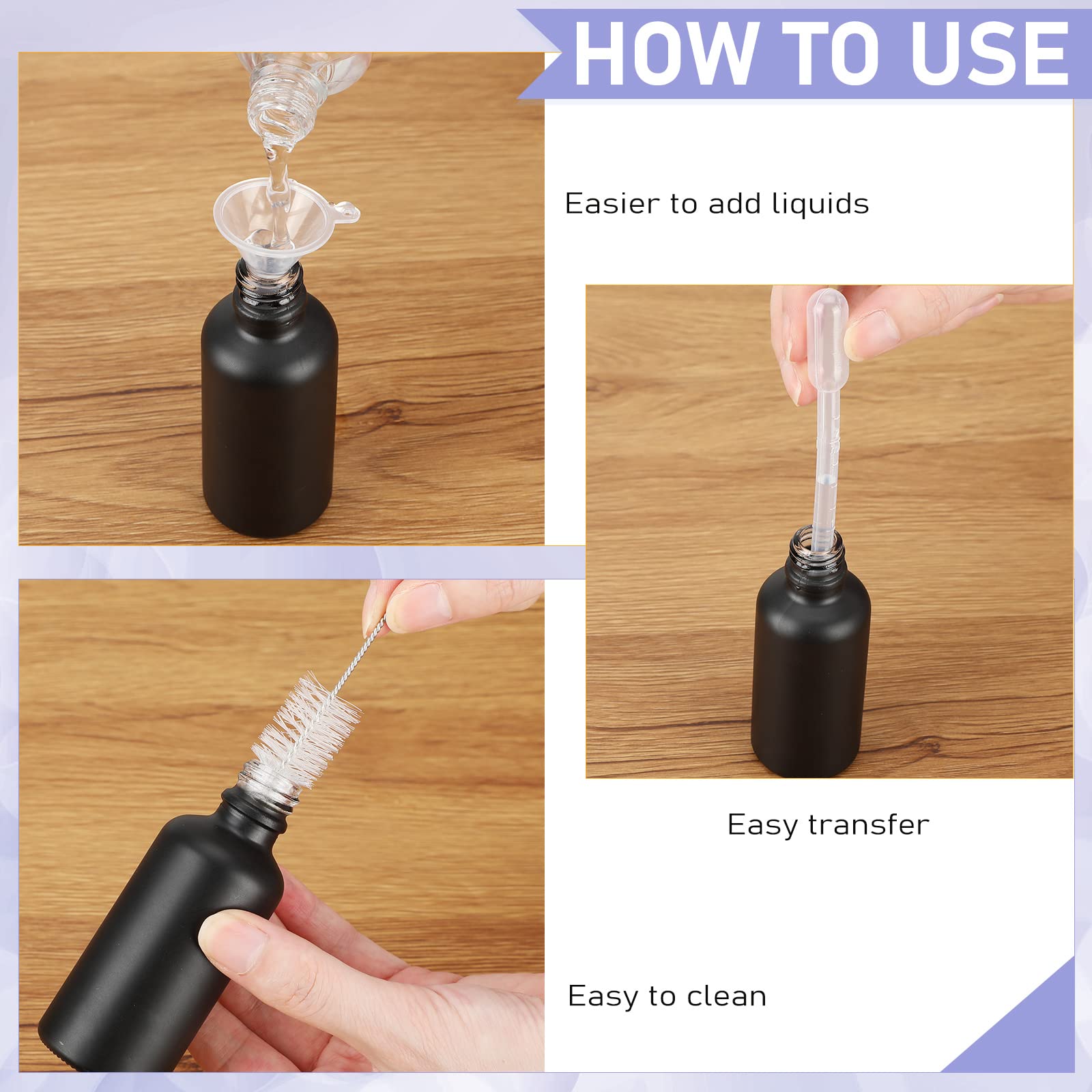 Nuogo 100 flaconi spray in vetro da 56,7 ml, flaconi per cosmetici riutilizzabili, vuoti, piccoli, con 10 contagocce, 5 imbuti, spazzole per soluzioni di pulizia degli oli essenziali (nero)