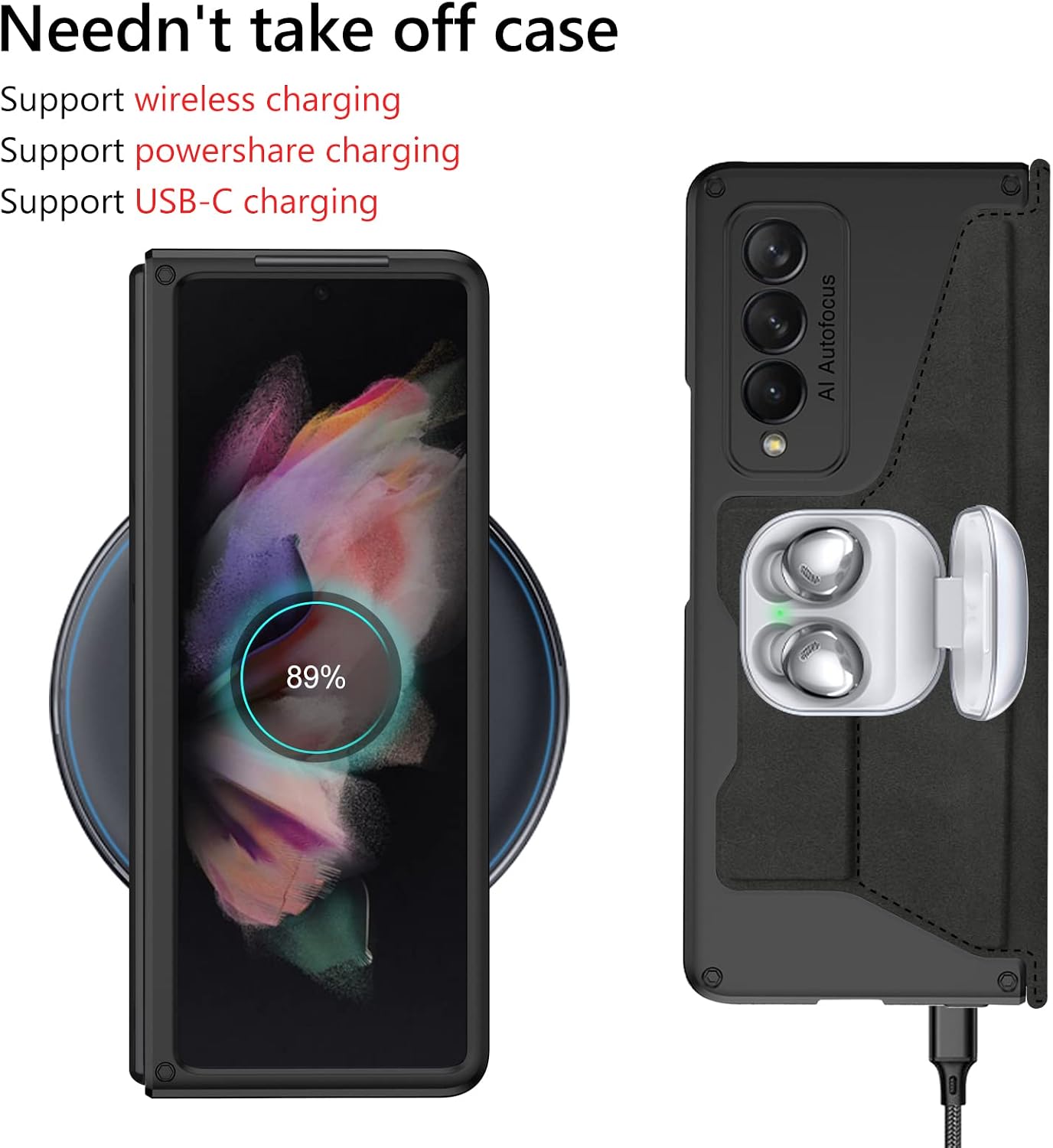 HJCMikee PU Leather Case Compatible with Samsung Galaxy Z Fold 3 with S Pen Holder(Removable), Faux Leather Flip Wallet Case with Card Slot,as Phone Kickstand Cover for zfold3 5G (2021) (Black)