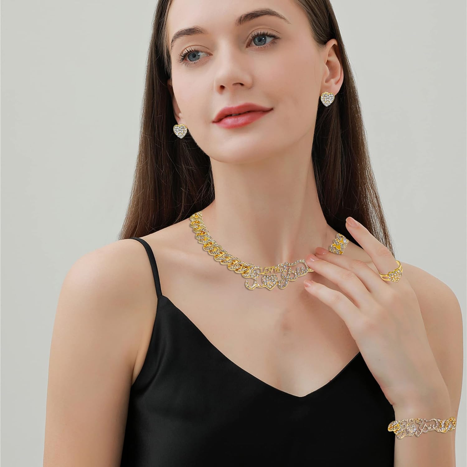 Jewelry Necklace Set Cuban Link Chain Necklace Bracelet Rhinestone Hoop Earrings Set Bling Necklace Bracelet Women Girls Accessories Sweetheart Gifts - Image 6