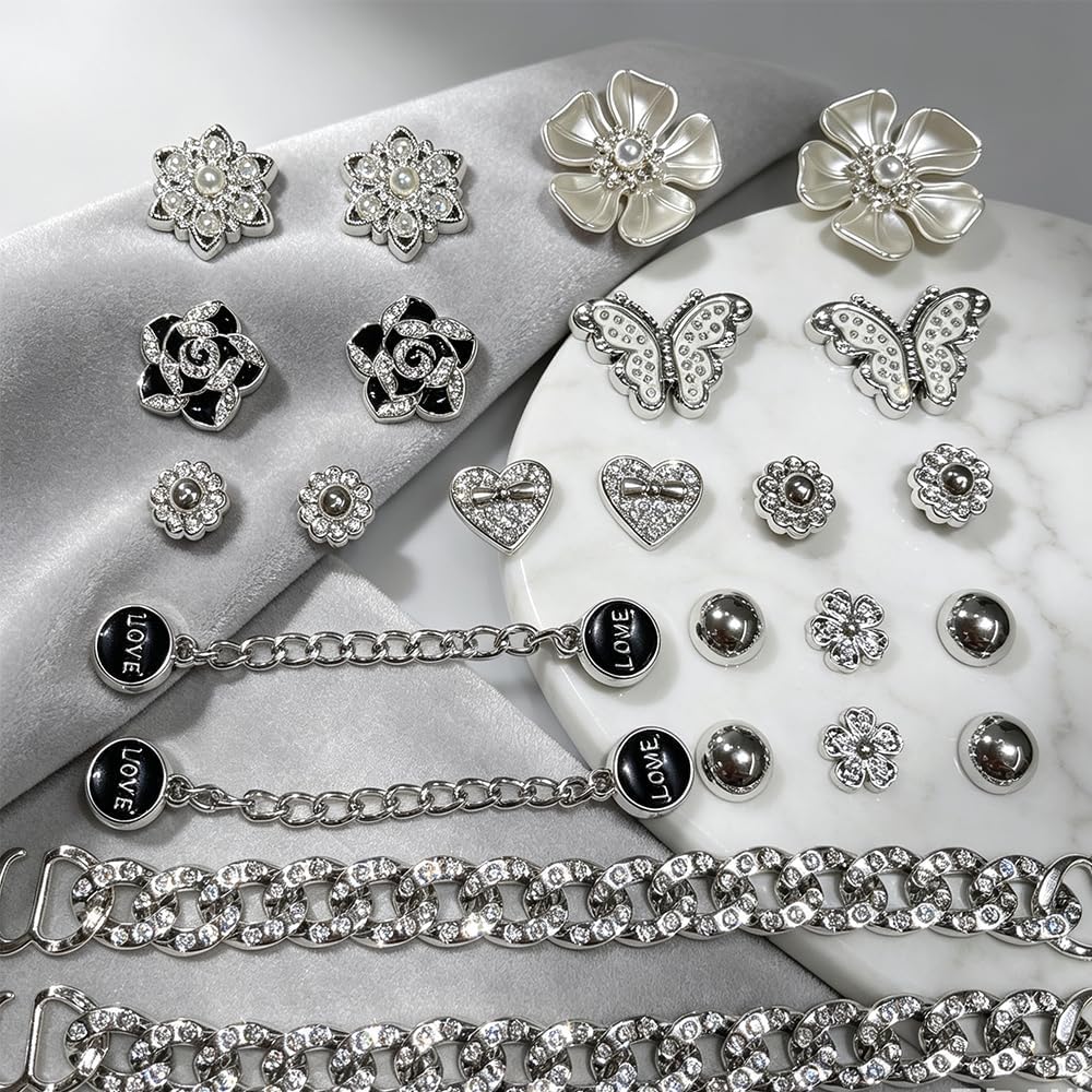 24 Pcs Bling Rhinestone Pearl Shoe Charms Set, Silver Metal Flower Butterfly Heart Shoe Decorations with LOVE Chain Link Straps, Sparkly Crystal DIY Shoe Ornaments for Women Clogs Sandals