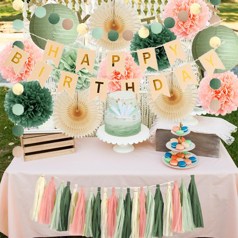 Sage Green and Peach Birthday Decorations Boho Beige Peach and Olive Green Birthday Decorations for Women Girls Cream Fans Pom Poms Sage Olive Pink Cream Tassel Garland Party with Banner Beige Gold - Image 4