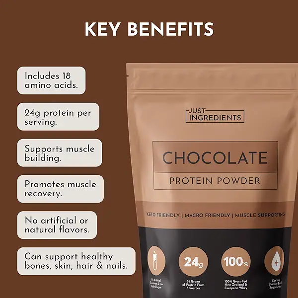JUST INGREDIENTS Chocolate Protein Powder 20-Serving Blend with 100% Grass-Fed Whey & Organic Plant Proteins, Rich Cocoa Flavor, Gluten-Free, Soy-Free, Supports Muscle Recovery, Energy 6