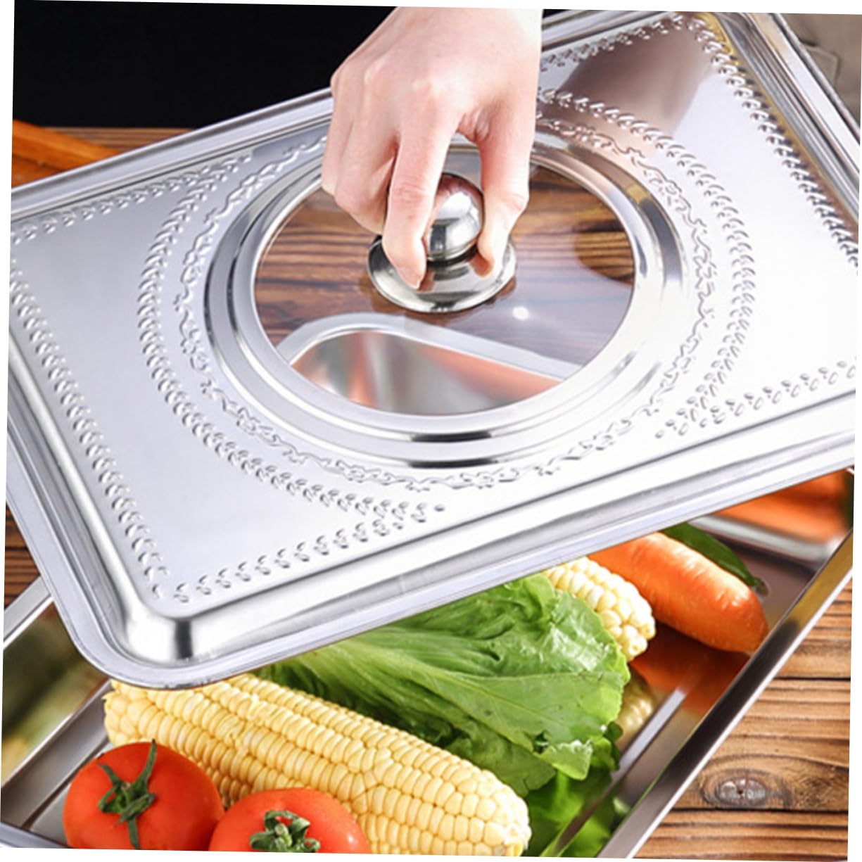 KOMBIUDA 2 pezzi Coperchio per Pentola Rettangolare in Acciaio Inossidabile Moderno con Coperchio Trasparente Visibile Resistente e Facile da Pulire Adatto per Cucina e Ristorante