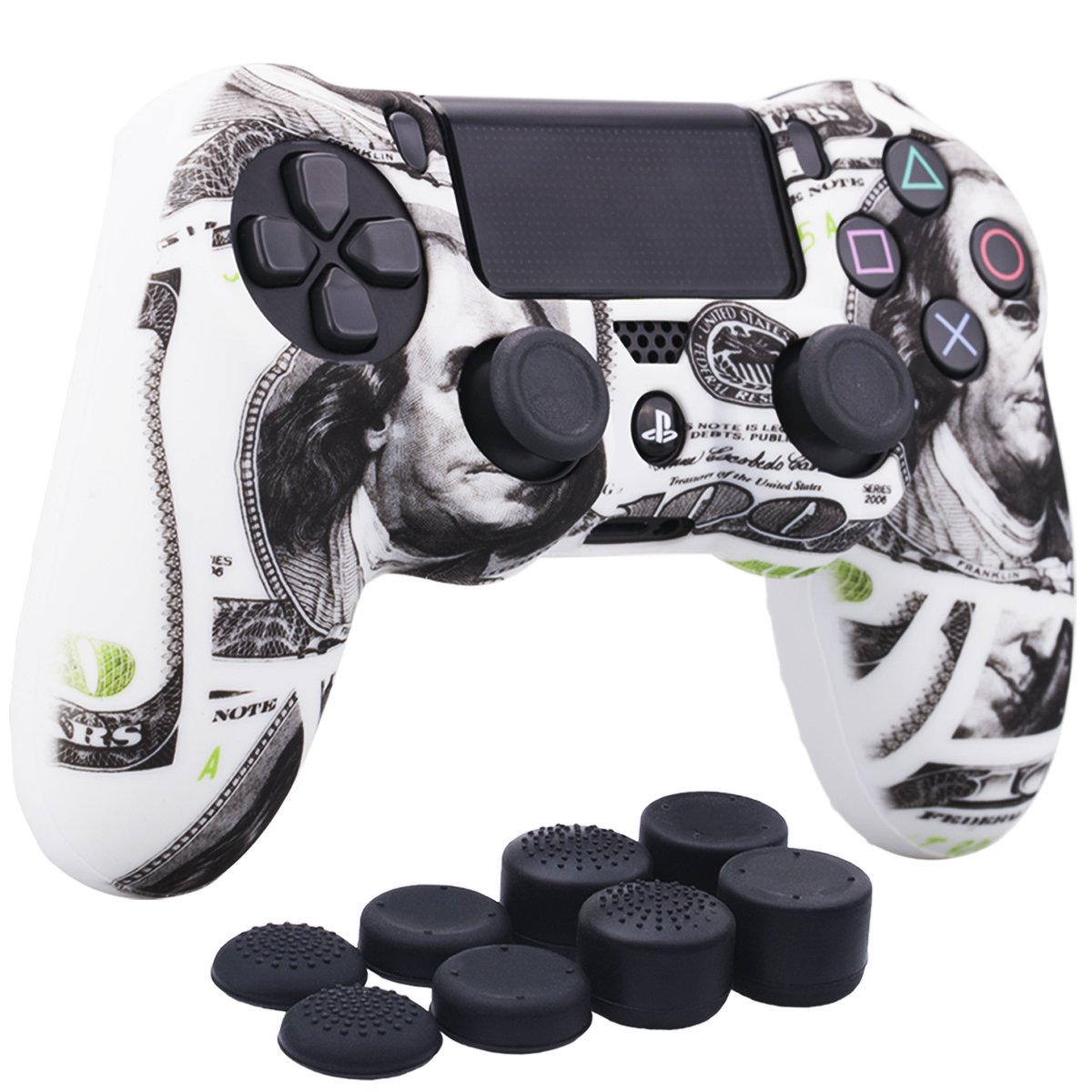 YoRHa Water Transfer Printing Camouflage Silicone Cover Skin Case for PS4/slim/Pro Controller x 1(Skull Graffiti) With Pro thumb grips x 8 — view 10