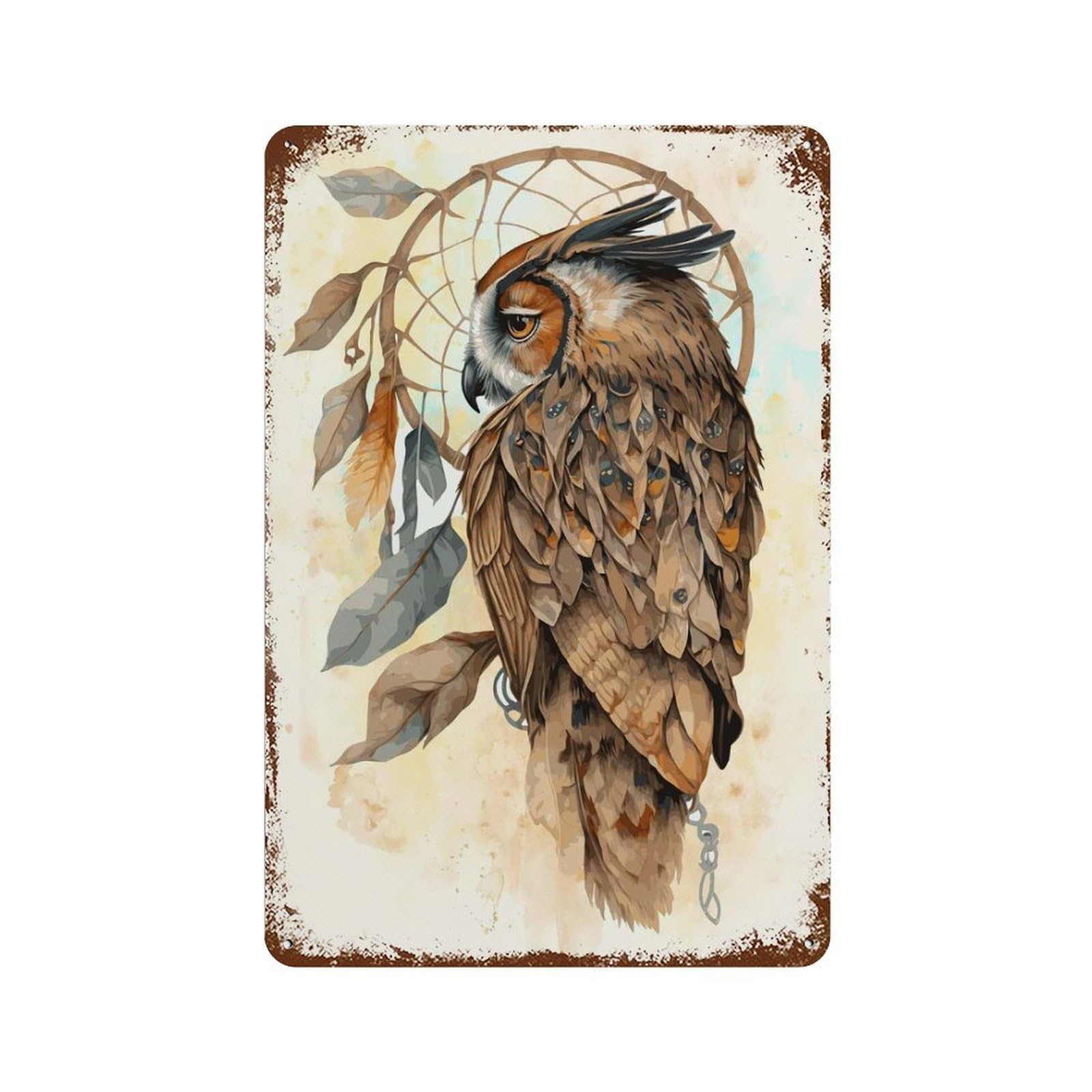 Boho Dream Catcher Owl Weathered Tin Sign 11.8"x7.9", Rustic Home Decor for Garage, Pub Or Kitchen