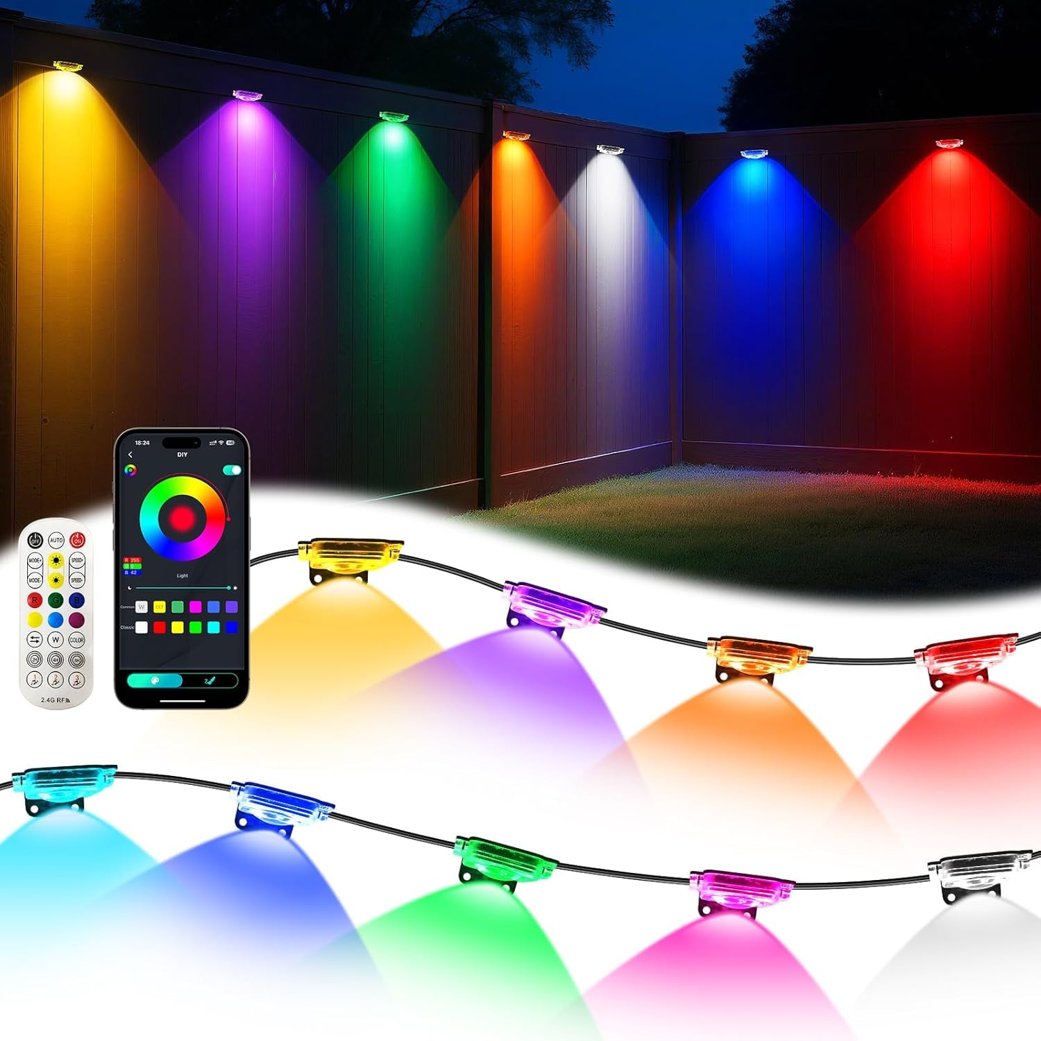 Permanent Outdoor Lights 200FT DIY RGB-IC LED Christmas Eave Lights, Smart Fence Deck Light, 4000K White & Multicolor, IP67 Waterproof, App/Remote Control, Holiday for House Outside Decor