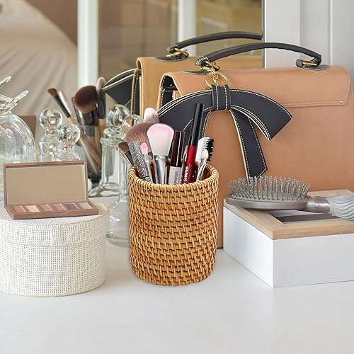 Miniatura 7 de Paquete de 2 portalápices de ratán hecho a mano, organizador de bolígrafos bohemio, accesorios de escritorio, soporte estético para escritorio lindo