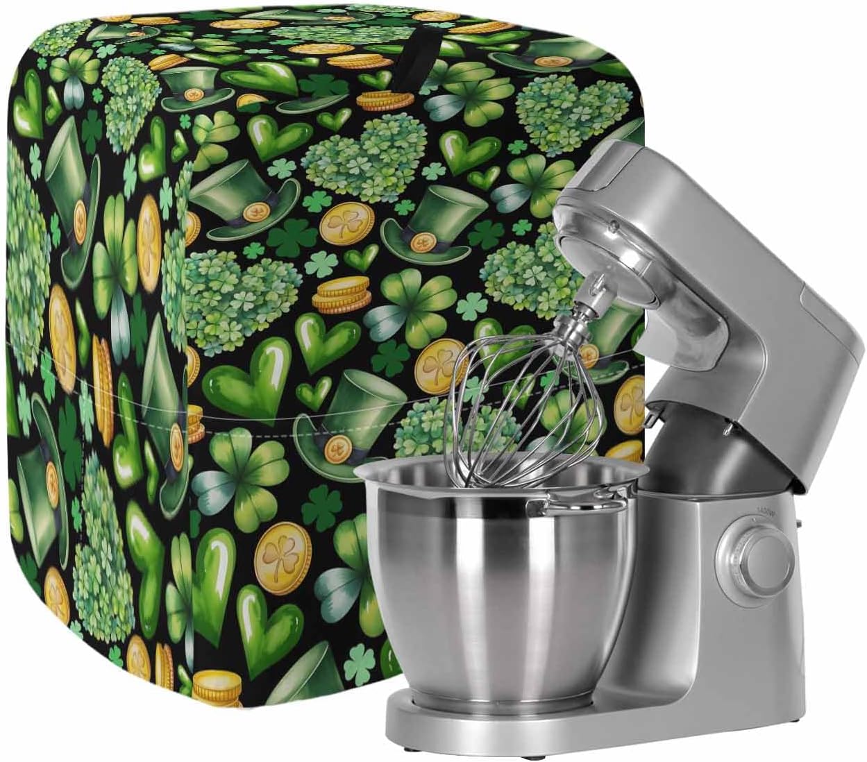 St. Patrick's Day Stand Mixer Cover with Storage Pocket, Waterproof Kitchen Mixer Covers, Spring Shamrocks Green Love Hats Plants Black Kitchen Appliance Dust Cover Compatible with 4/4.5 Quart Mixers